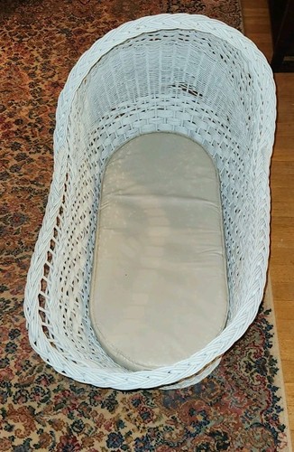 Antique White Wicker Rattan Baby Bassinet Day Crib Vintage Woven Handles