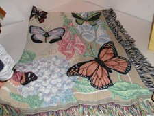 Butterfly Pattern Woven Blanket  Floral Throw fringed multi colors 65"x 53"