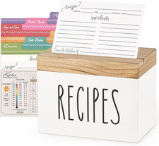 Wooden Recipe Box White Recipe Organizer with 100 Recipe Cards and 6 Dividers, R