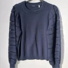 Elie Tahari Cotton Sweater New With Tags - Navy Crochet Sleeve Pullover - Size L