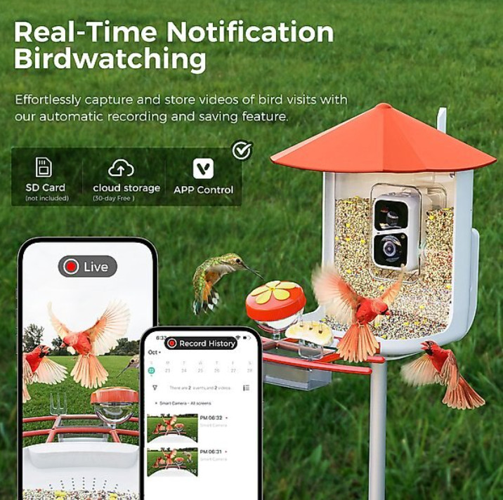 PerchMe Canopy Smart Bird Feeder with Camera, Solar Powered, Vermilion, Open Box