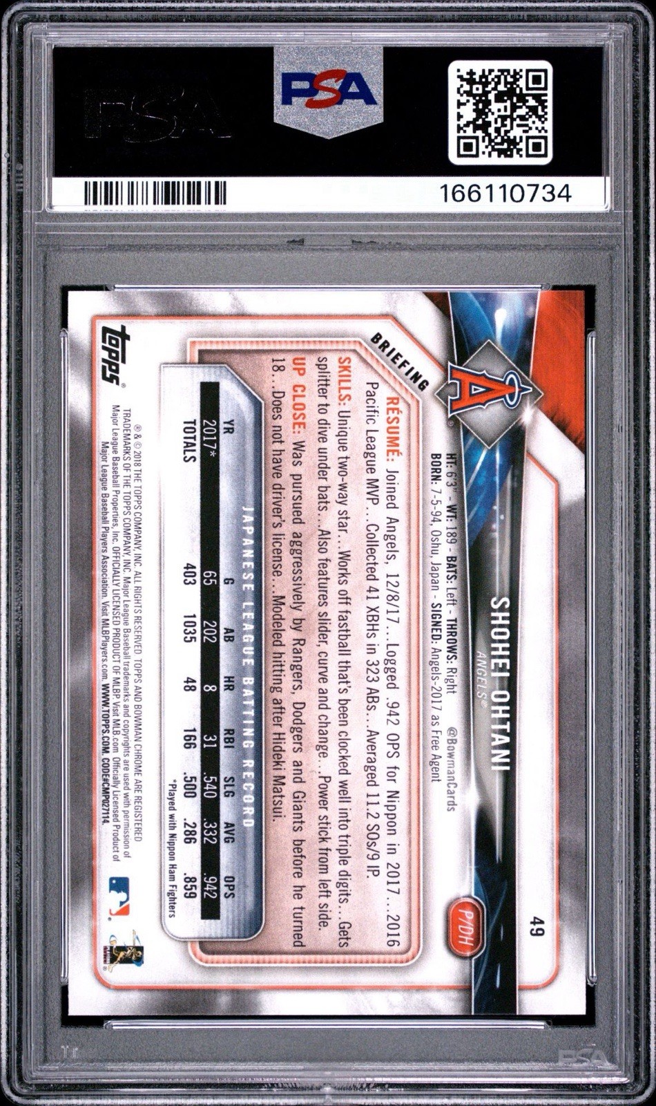 2018 Bowman Shohei Ohtani RC Rookie #49 PSA 10 - Gem Mint view 2