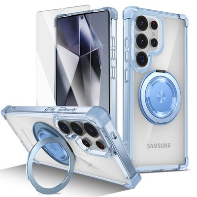 For Samsung S26 Ultra S25 S24 S23 Rugged Clear Ring Stand Case + Glass Protector