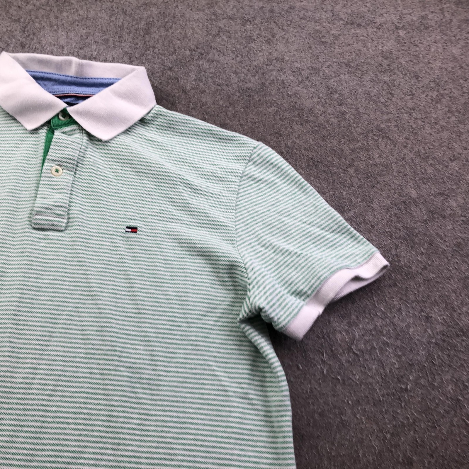 Tommy Hilfiger Polo Shirt Mens Medium Green Stripe Custom Fit Logo Casual thumbnail 3