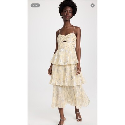 Self-Portrait Metallic Jacquard Midi Dress Yellow Silver Floral Tiered US 10