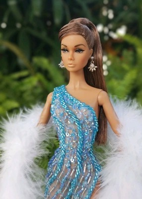 Tosca Blue Beaded Dress With Fur, Custom Handmade, Fits Barbie FR Poppy Parker