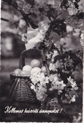 Ostergrüße Ungarn Echtfoto Postkarte verschickt 1965 geknickt