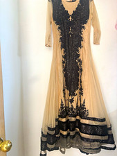 Nakeesh Beige/Black Sheer Tulle Sequin Gown Dress 3/4 Sleeve Size M