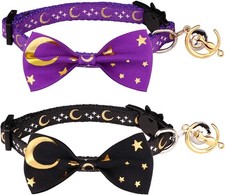 2 PCS Breakaway Cat Collar with Bow Tie and Bell Golden Moon Glowing Star in The