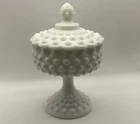 Vintage Fenton Hobnail Milk Glass Lid Covered Candy Dish Pedestal Large 1950s