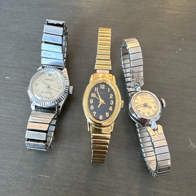 Impex & Timex Women's Watch Lot of 3 Antimagnetic Stretch Bands Black/White