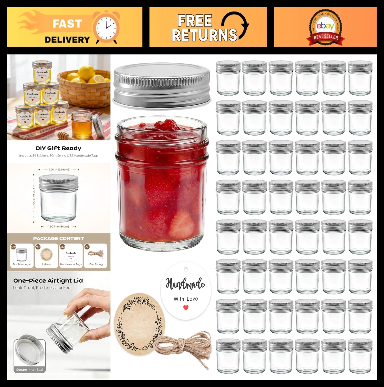 48 Pack Mini Glass Mason Jars 2 oz with Lids for Jam, Honey, Spices, Wedding Fav