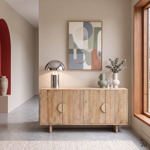 Sideboard 160 Cm Kommode Aus Mangoholz Mit 4 TüRen Und Fluted Design Natur-image