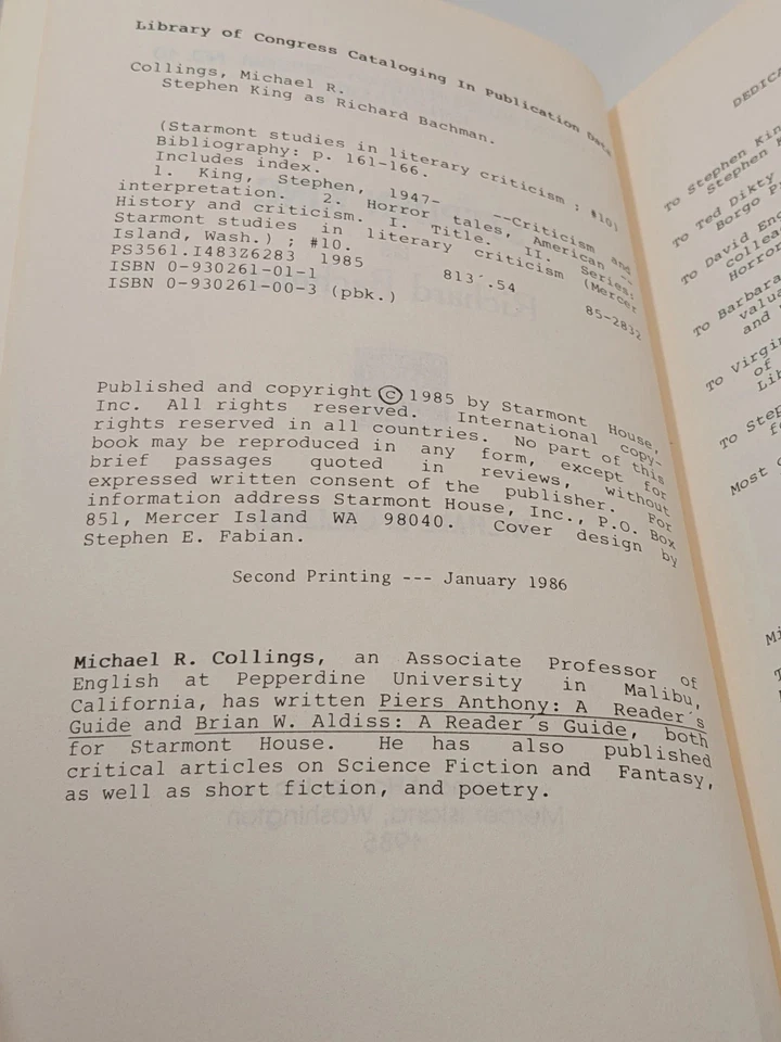 Stephen King as Richard Bachman 1985  Michael R. Collings Vtg Rare PB Novel - Image 4 of 4