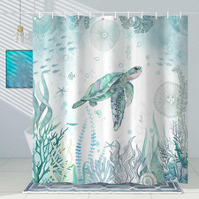 Sea Turtle Shower Curtain, Blue Teal Ocean Beach Decor Bathroom Curtains, Nautic