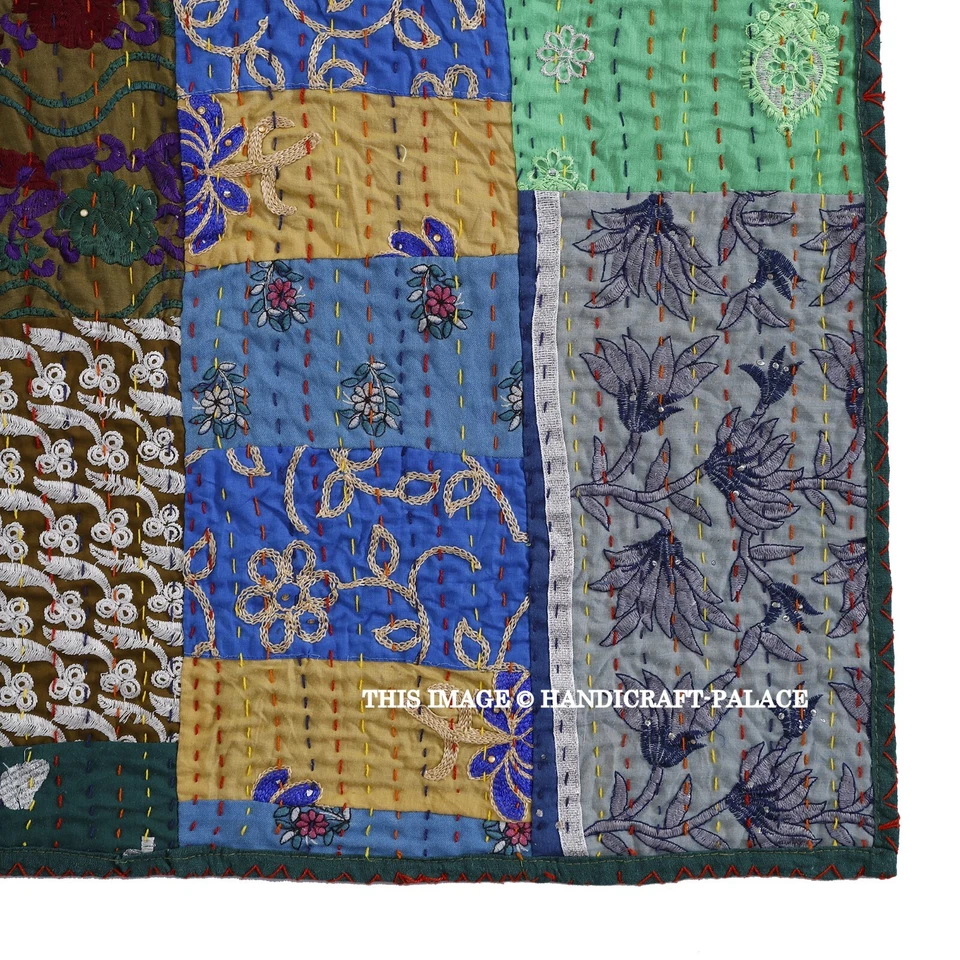 Indian Kantha Throw Large Patchwork Kantha Quilt Green Sofa Blanket Cotton Throw - Image 2 of 4