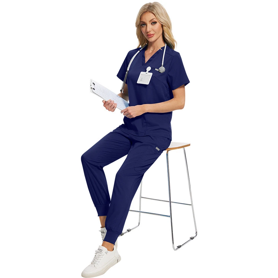 Stretch Nursing Medical Scrub Uniform Set Men Women V-Neck Jogger Workware Suit - Image 3 of 4