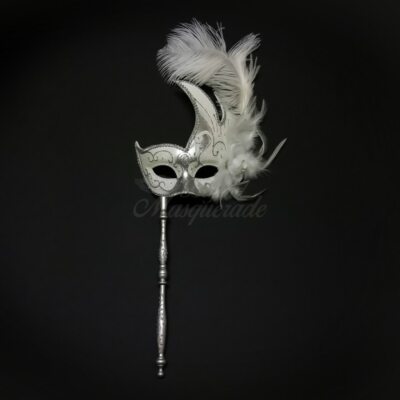 Holding Stick Party Mask | Feather Masquerade Mask Silver White M6131