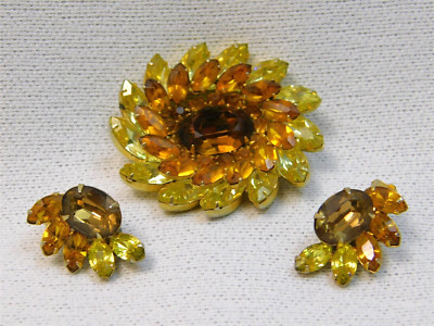 Kramer Of NY Tri Color Yellow Amber Rhinestone Pinwheel Brooch and Earrings Set