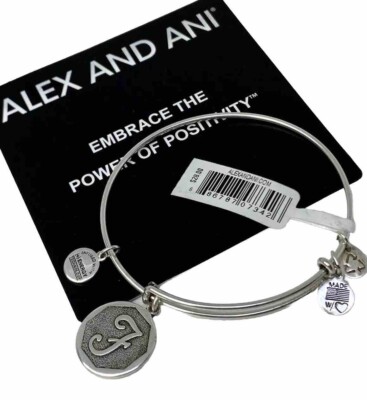 Alex and Ani Initial F Wire Rafaelian Silver Charm Bangle Bracelet With  Tags