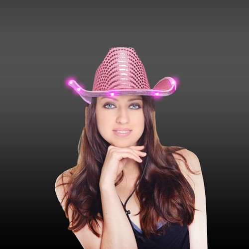 Party Glowz Pink & Blue LED Light Up Flashing Sequins Cowboy Hats - Pack of 250 - Picture 4 of 11