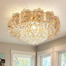 24'' Modern Gold Crystal Round Chandelier Flush Mount LED Ceiling Light w/Remote
