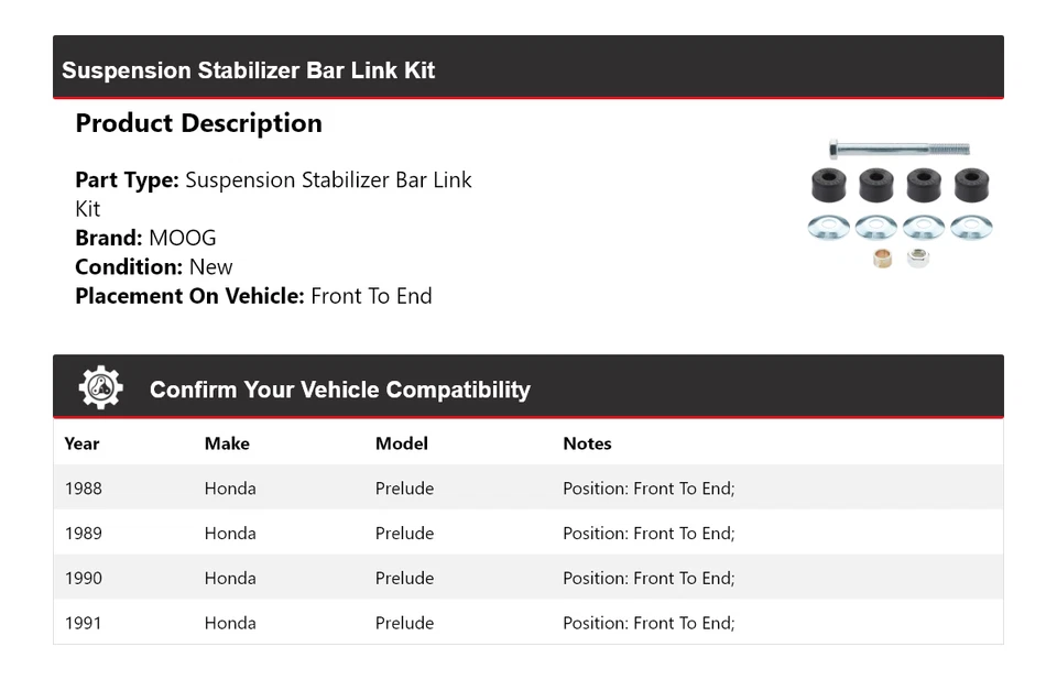Kit de enlace de barra estabilizadora de suspensión delantera a extremo MOOG para Honda Prelude 1988-1991 Foto 2 de 4