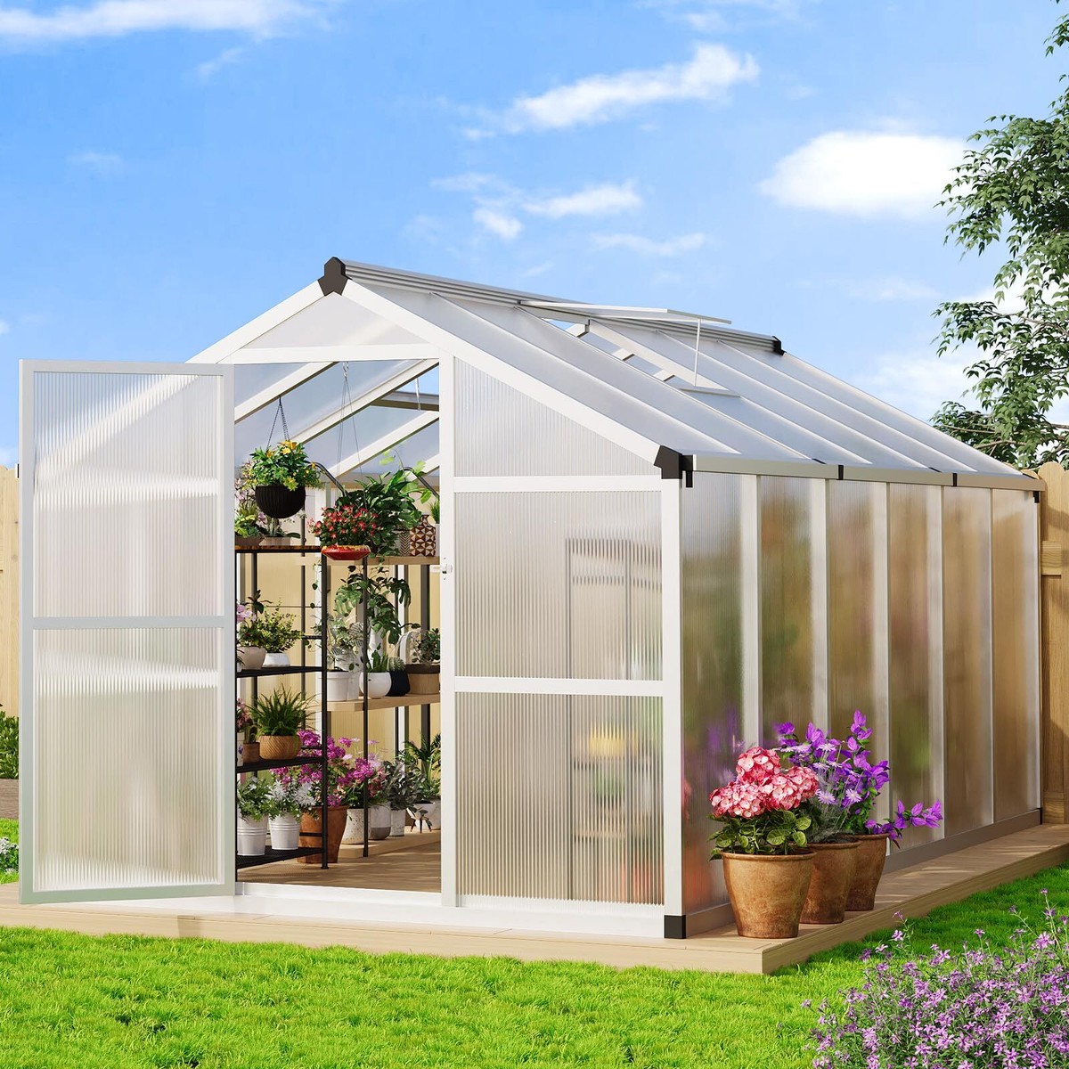 8x12 Ft Greenhouse with Roof Vent Polycarbonate Walk-in Greenhouse