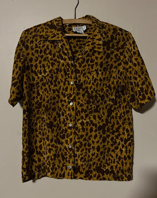 Jennifer Moore Women's Size 10 Silk Leopard Animal Print Woven Button-Up Blouse