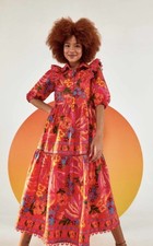 Farm Rio Red Spring Bananas Midi Dress Size M Short Sleeve