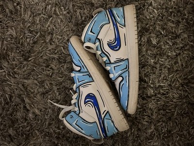 Nike Boys Custom Cartoon Graphic Blue & White Mid Top Air Jordan 1 Size 3Y