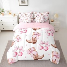 7 Pieces Cartoon Cherry Bowknot Kids Comforter,Western Twin Baby Pink Brown