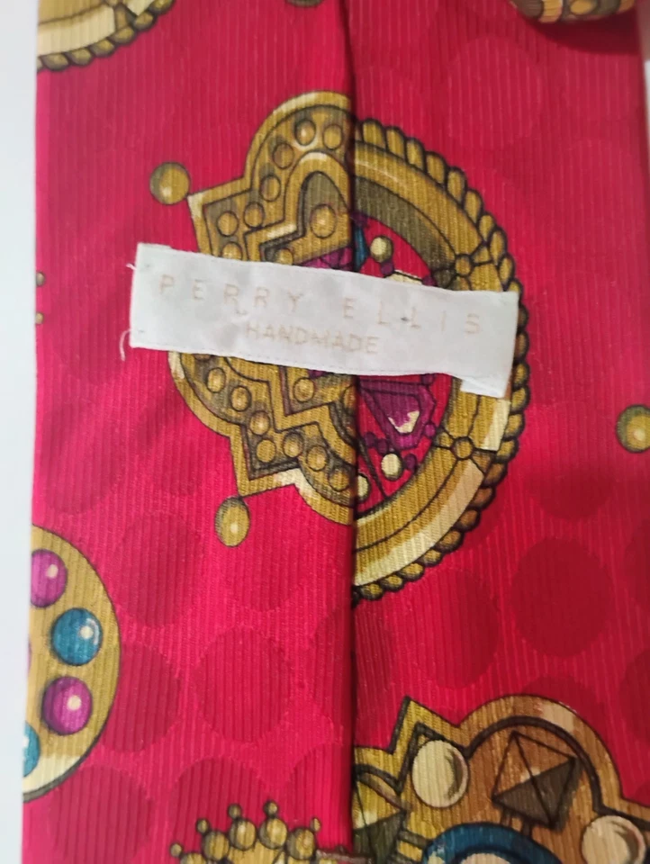 Corbata única Perry Ellis 56x4 en seda roja latón azul verde rojo gemas seda de colección Foto 3 de 4