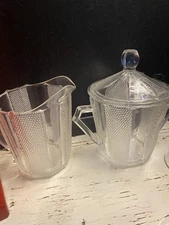 Jeannette Dewdrop Creamer and Sugar Bowl with Lid Art Deco Beaded 1950s