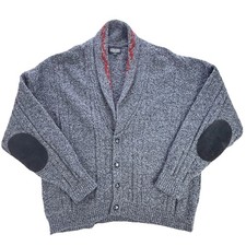 Vtg Lands End Wool Cardigan Shawl Collar Blue Elbow Patches Sz XL USA Grandpa