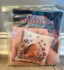 Avon Creative Needlecraft Pillow Kit Bee Garden Crewel Embroidery 1972 Started
