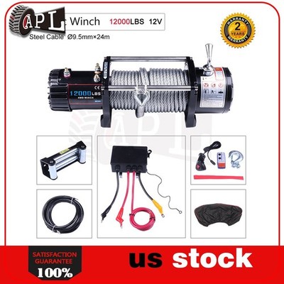 1x Electric Winch Steel Cable Truck Trailer Tow 4WD Off Road 12000lb w/ cover