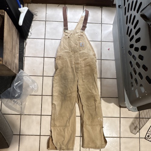 Carhartt Men's Beige Canvas Durable Utility Work Overalls ZIPPER BOTTOMS. VNTG🔥
