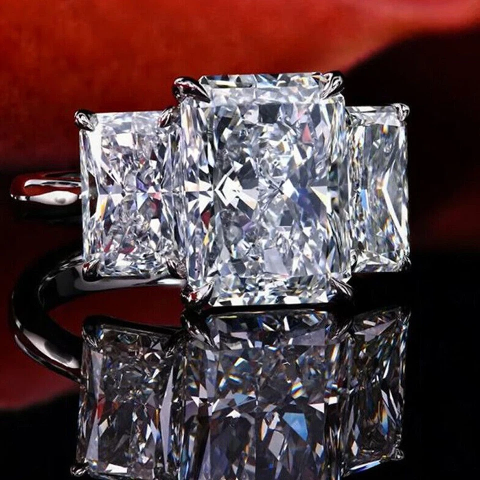 Anel de noivado de prata esterlina 925 com 3 pedras de diamante branco tratado radiante 6,0 quilates - Imagem 4 de 4