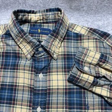 Ralph Lauren Mens Blue Tan Plaid Button Down Shirt Long Sleeve Large Pony Logo