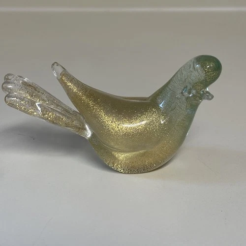 Vtg MCM Murano Art Glass Seguso Toso Green & Gold Dove Bird Figurine Italy