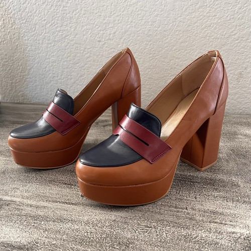 Bamboo Penny Loafers Faux Leather High Heel Platform Brown Chunky Size 6.5 - Picture 6 of 10