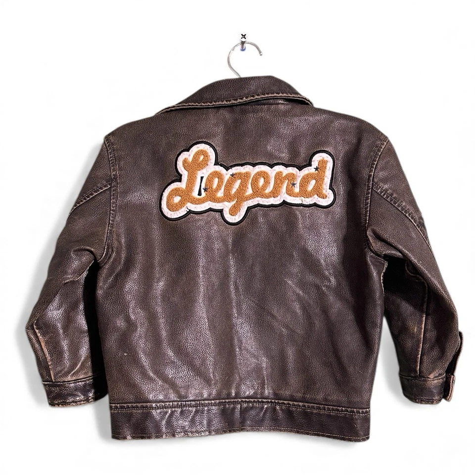 Little Kids Brown Faux Leather Motorcycle Jacket LEGEND Kids Size 4/5 Distressed - Image 3 of 4