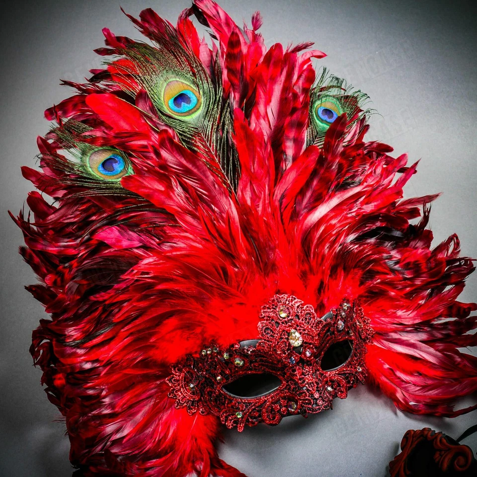 Red Venetian Warrior Top Feather Men Women Masquerade Halloween Party Mask Set - Image 3 of 3