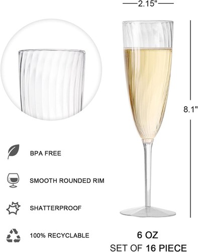 6oz Clear Plastic Champagne Flutes 16-Pack Disposable, Weddings NYE 2025 Parties - Picture 5 of 11