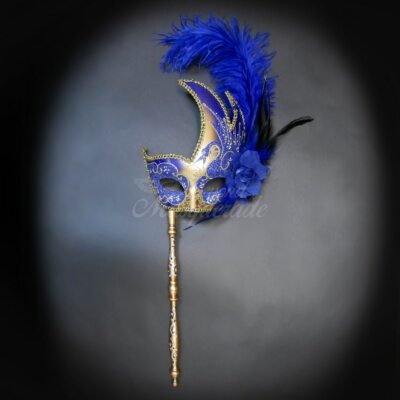Handheld Stick Mask | Feather Masquerade Mask Blue Gold