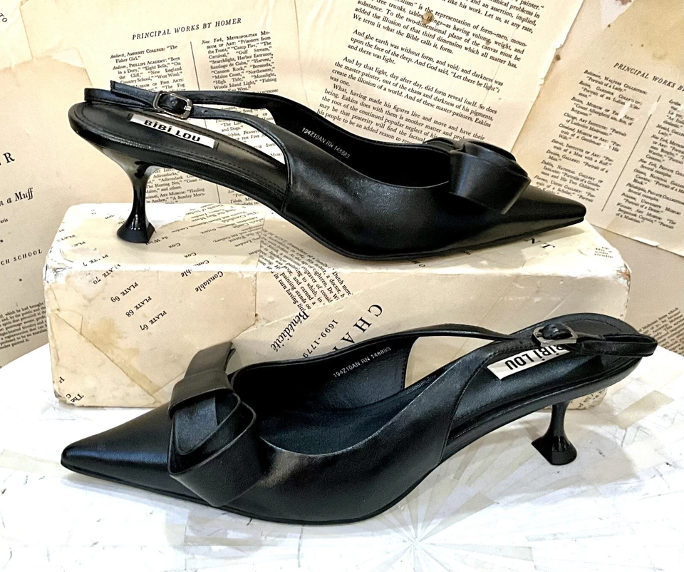 Anthropologie Bibi Lou Tacones de Gatito Anudados Cuero Negro 40/9-9.5 NUEVO Foto 2 de 4