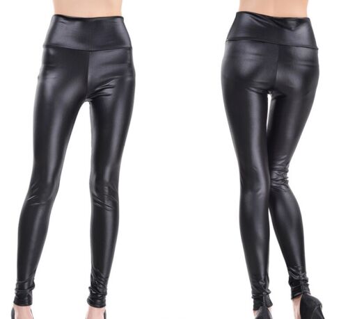 Ladies Stretchy Leather Look High Waisted Skinny Pants Leggings Size S-5XL L001