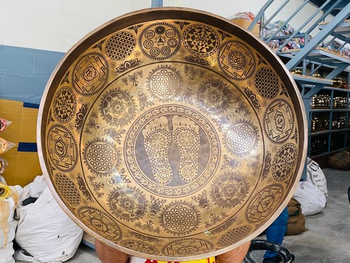 Large Buddha feet & Auspicious Symbols etched singing bowl- In Various Sizes- - Picture 5 of 8