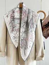 14 Momme Twill Silk Wrap Scarf Bandanna Cloud Carriage Print Square Shawl 35’’